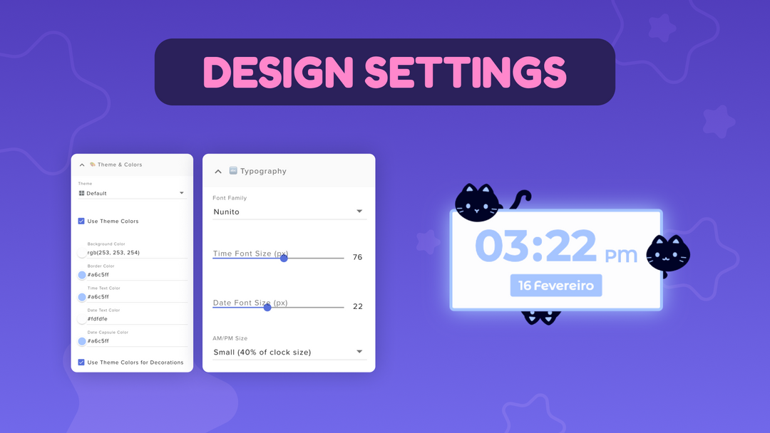 Digital graphic showing 'DESIGN SETTINGS' on a purple background, with UI panels for theme colors and typography, a digital clock reading 03:22 PM, and decorative cat illustrations.
