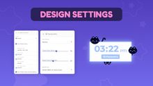 Load image into Gallery viewer, Digital graphic showing 'DESIGN SETTINGS' on a purple background, with UI panels for theme colors and typography, a digital clock reading 03:22 PM, and decorative cat illustrations.
