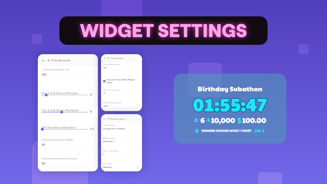Minimal Subathon Widget • Clean Countdown Timer for Twitch & YouTube • Followers, Subs, Tips, Bits, Superchat • Chat Commands + Full Customization • OBS (Streamelements)
