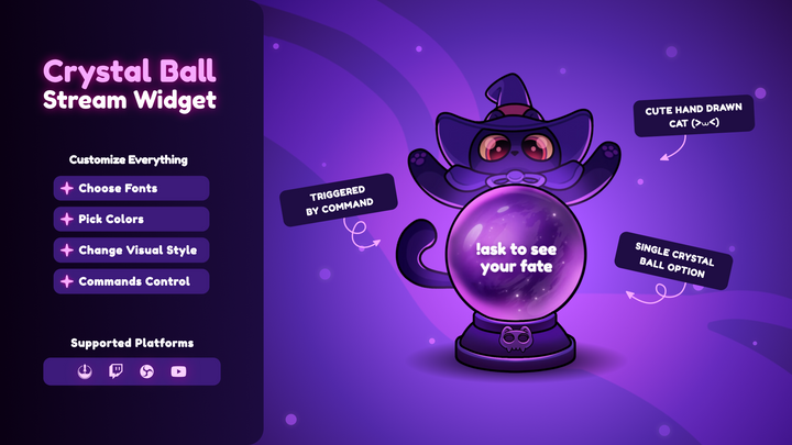 Crystal Ball Twitch Widget Cute Witch Cat Interactive Magic 8 Ball (OBS & Streamelements)