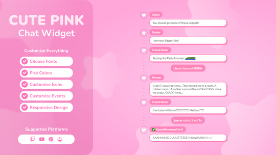 Cute Kawaii Pink Twitch Chat Widget for StreamElements & OBS Studio