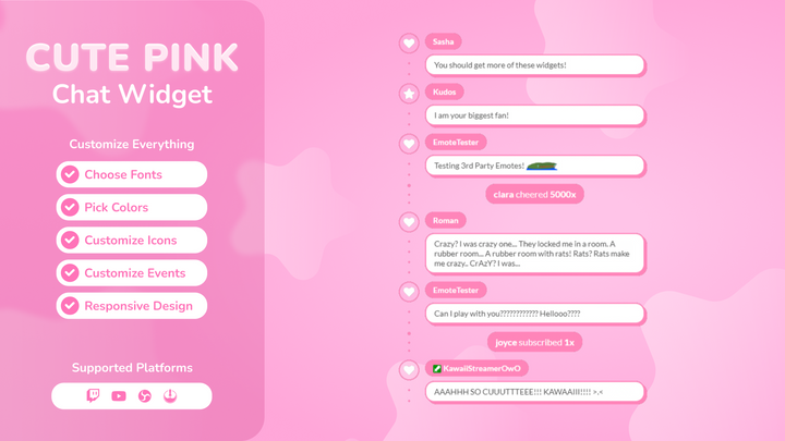 Cute Kawaii Pink Twitch Chat Widget for StreamElements & OBS Studio
