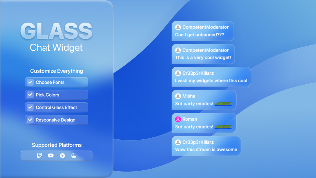 Glass Chat Widget for Twitch & YouTube – Modern Transparent Chat Overlay for OBS & StreamElements