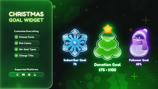 Christmas Goal Widget • Twitch & YouTube Overlay • Festive Snowman, Snowflake & Tree Design • StreamElements OBS Widget