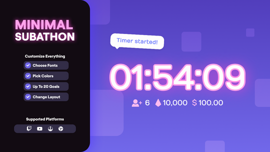 Minimal Subathon Widget • Clean Countdown Timer for Twitch & YouTube • Followers, Subs, Tips, Bits, Superchat • Chat Commands + Full Customization • OBS (Streamelements)