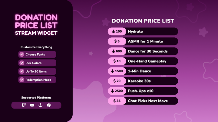Twitch Donation Price List Widget • Tips & Bits Menu Overlay for OBS & StreamElements