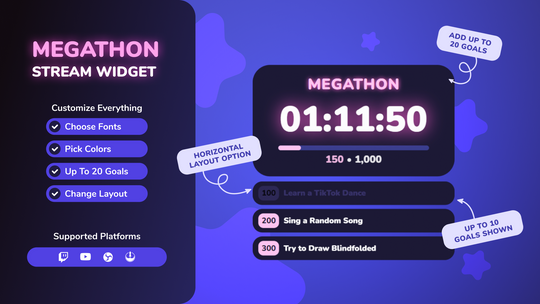 Megathon Timer Widget for Twitch & YouTube • Advanced Subathon Goal Countdown Overlay (Streamelements)