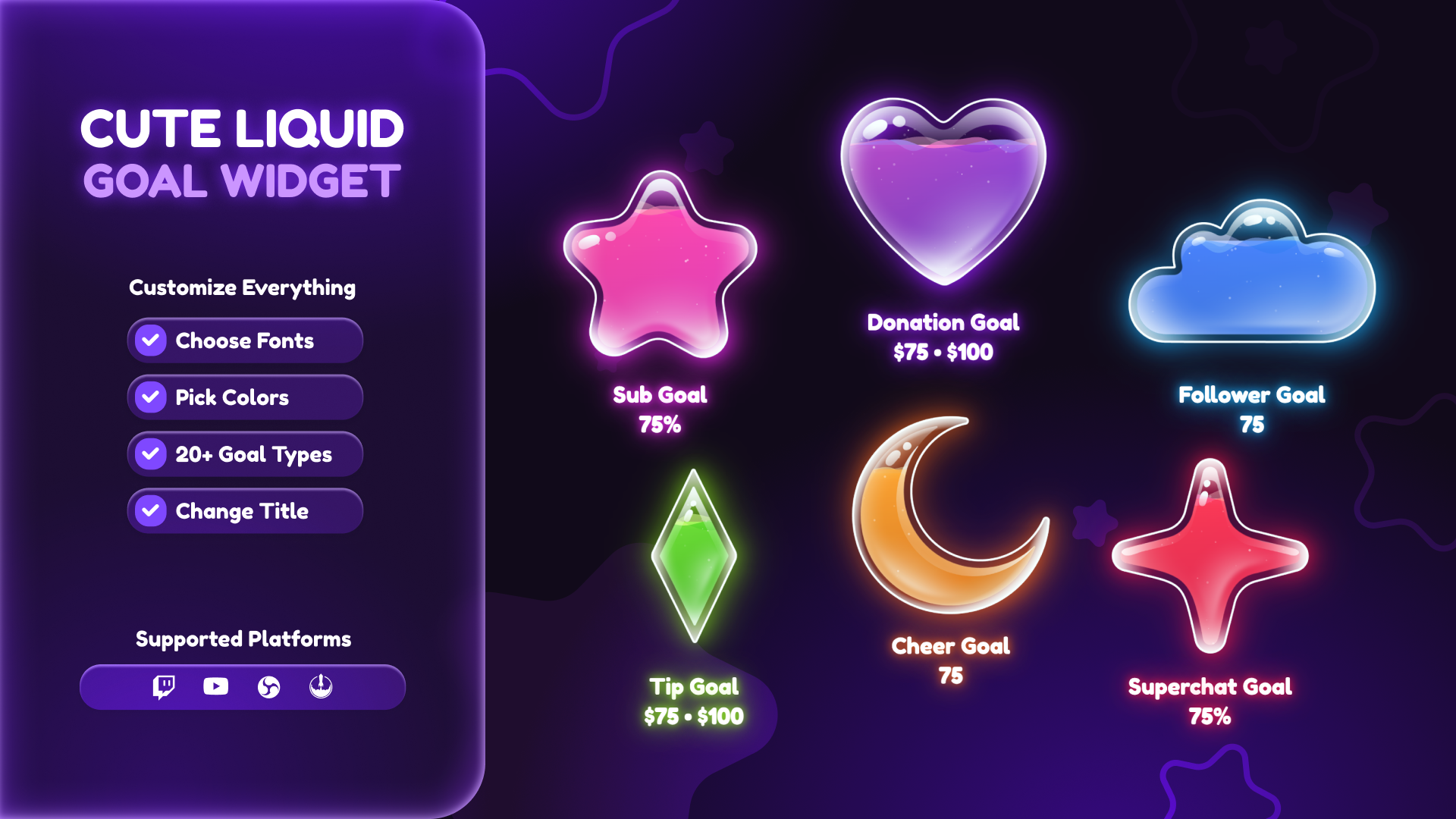 Cute Liquid Goal Widgets for Twitch & YouTube - Kawaii Animated Overlays for OBS & StreamElements