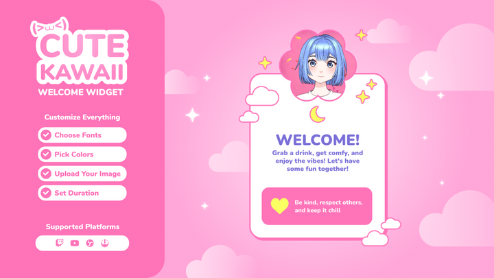 Kawaii Welcome Widget for Twitch – Auto-Greeting Overlay with Avatars, Event Triggers & Custom Style for OBS, YouTube & StreamElements