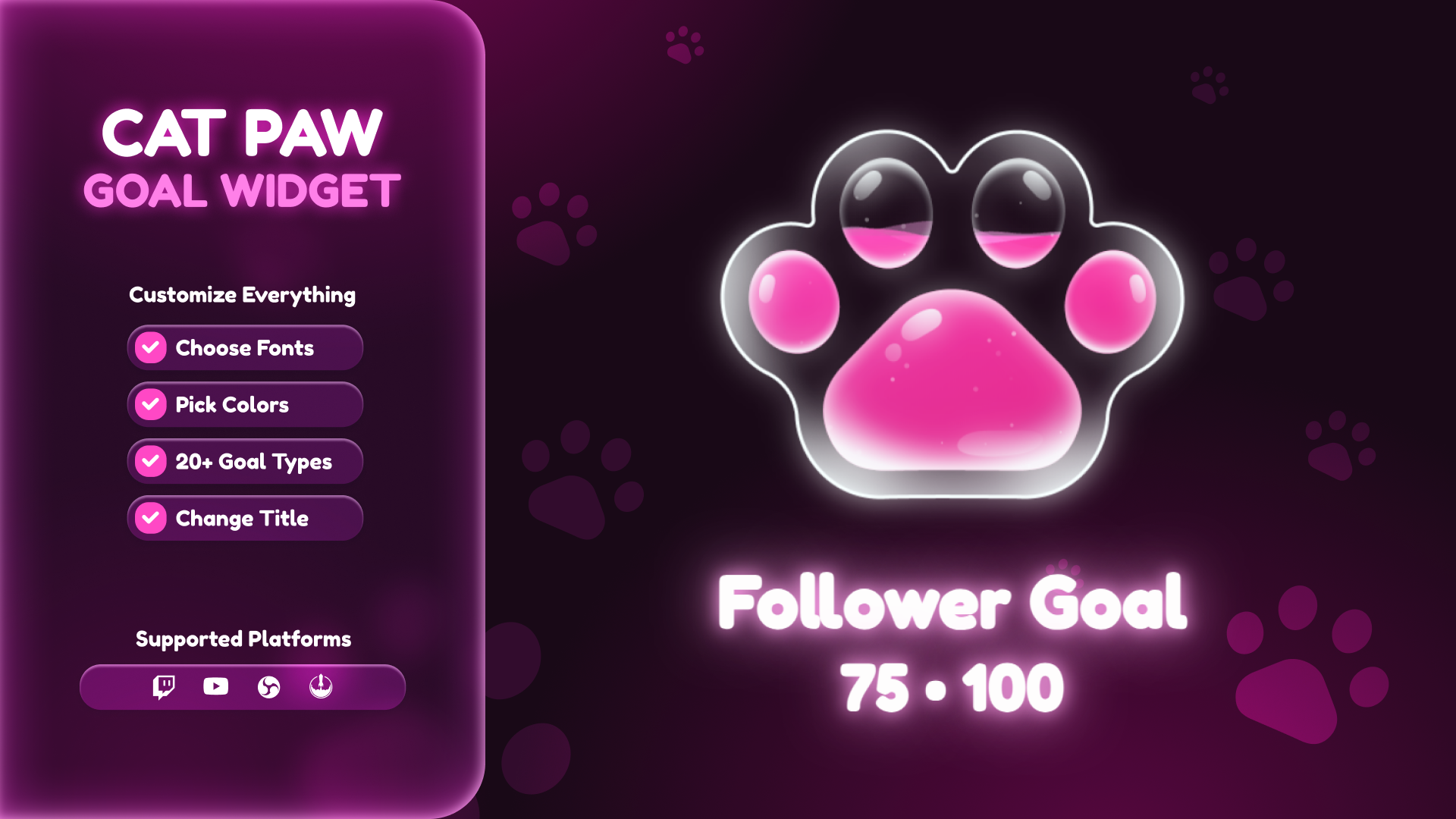 Cat Paw Goal Widget for Twitch & YouTube – Kawaii Animated Goal Tracker Overlay for OBS Studio & StreamElements