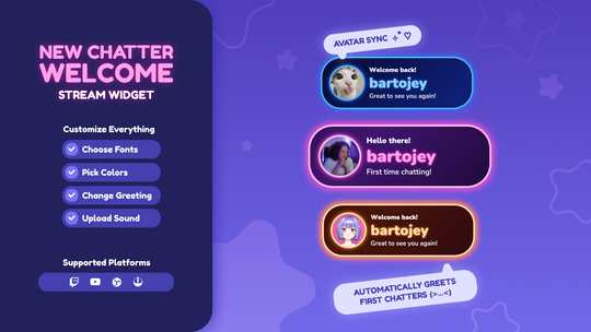 Twitch New Chatter Welcome Widget with Avatar & Glow Effects for StreamElements & OBS Studio