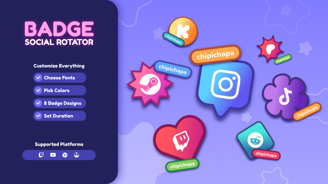 Badge Social Rotator Widget for Twitch & YouTube – Animated Social Overlay for OBS & StreamElements