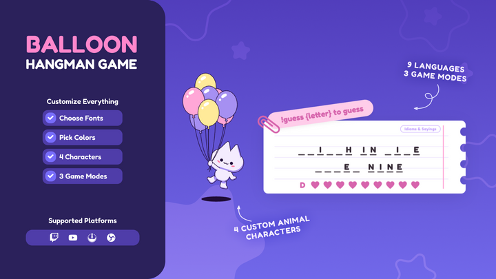 Balloon Hangman Game Widget for OBS • Interactive Chat Word Game Overlay (StreamElements)