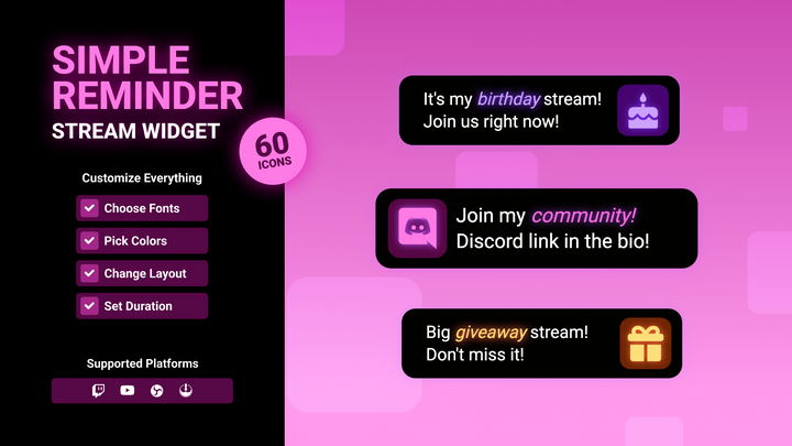 Minimal Neon Twitch Reminder Widget for StreamElements & OBS Studio