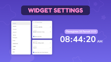 Load image into Gallery viewer, Digital promotional graphic for a widget settings theme, featuring a purple background with a dark purple header reading 'WIDGET SETTINGS' and several white UI widget panels showing language lists and time/date options.
